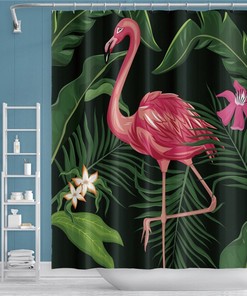 Tropical Leaf Print Flamingo Shower Curtain For Nature Bathroom Decor