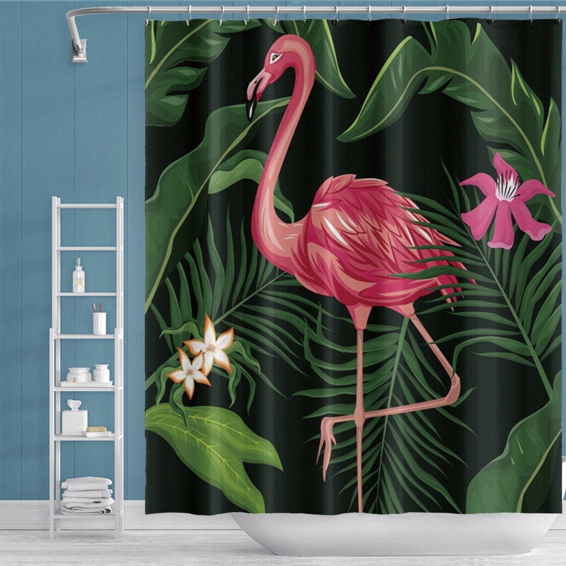 Tropical Leaf Print Flamingo Shower Curtain For Nature Bathroom Decor