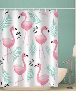 Tropical Leaf Print Flamingo Shower Curtain For Nature Bathroom Decor
