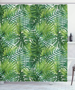 Tropical Leaf Shower Curtain | Banana Palm Trees Watercolor Design | Cloth Fabric Bathroom Decor (Pale Green Dark Green)