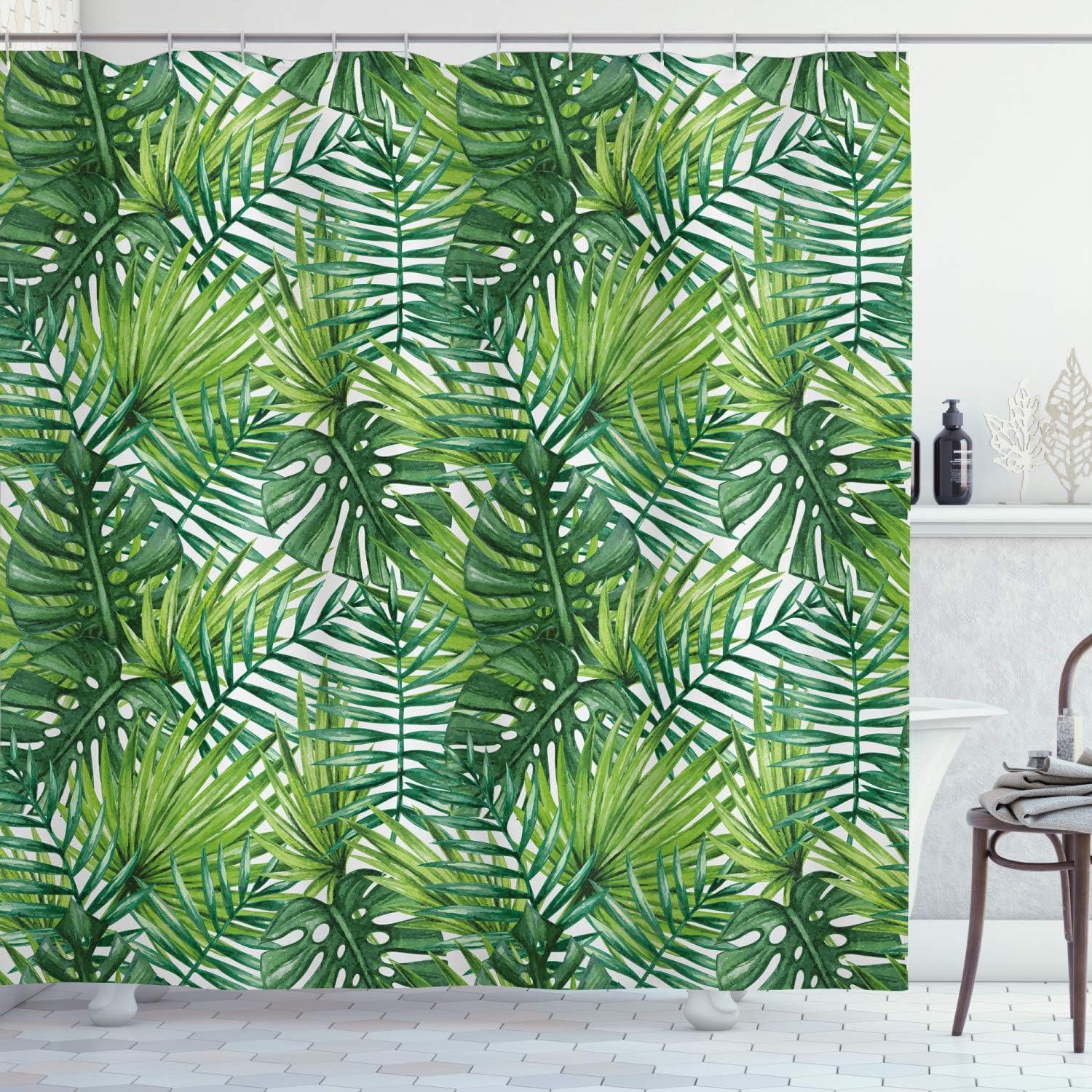 Tropical Leaf Shower Curtain | Banana Palm Trees Watercolor Design | Cloth Fabric Bathroom Decor (Pale Green Dark Green)
