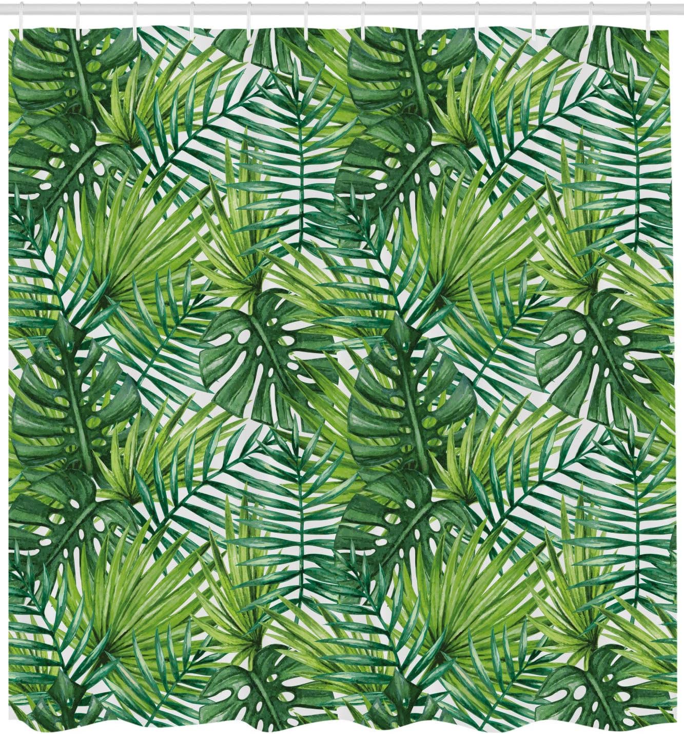 Tropical Leaf Shower Curtain | Banana Palm Trees Watercolor Design | Cloth Fabric Bathroom Decor (Pale Green Dark Green) - Image 2