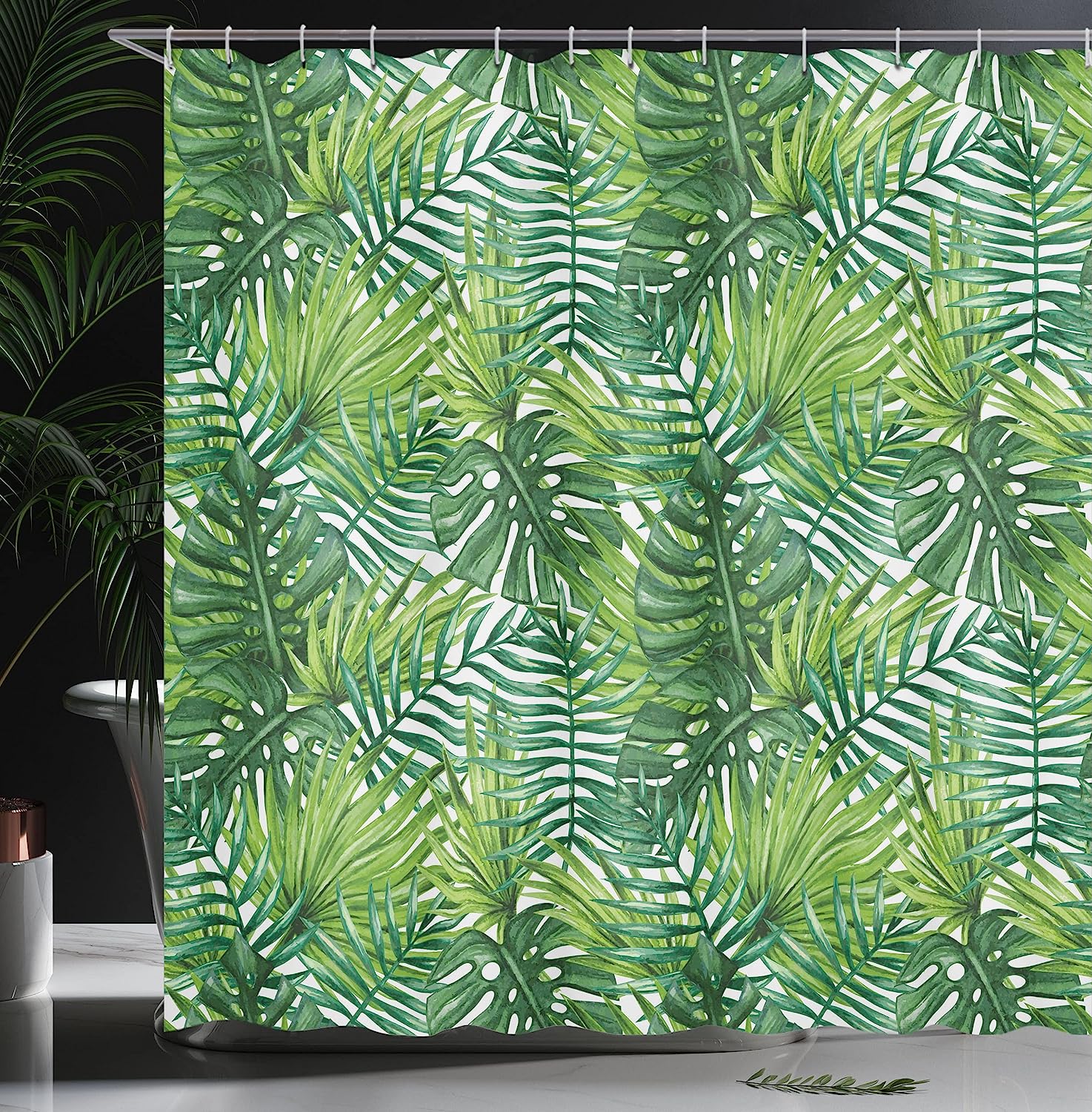 Tropical Leaf Shower Curtain | Banana Palm Trees Watercolor Design | Cloth Fabric Bathroom Decor (Pale Green Dark Green) - Image 3