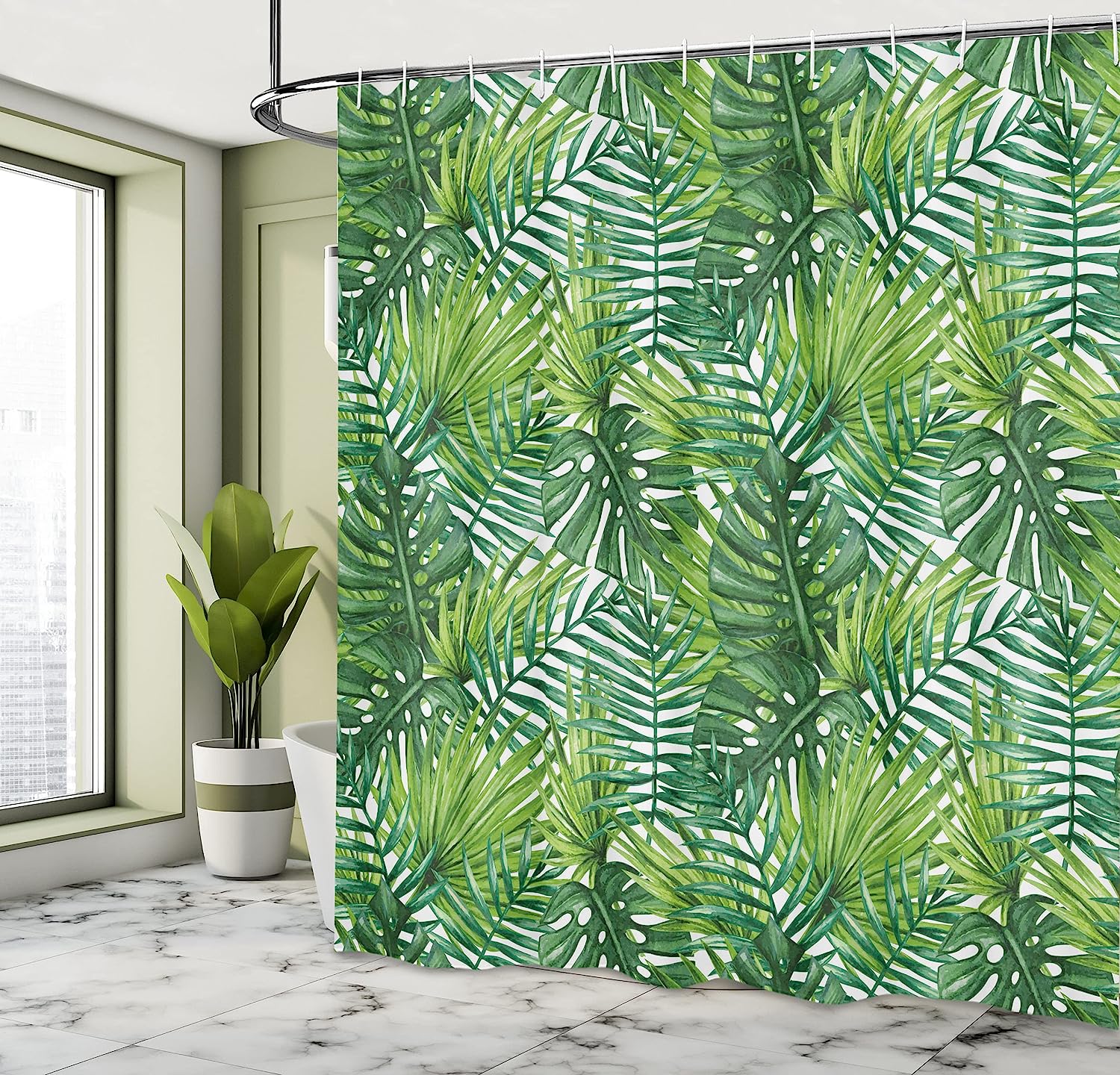 Tropical Leaf Shower Curtain | Banana Palm Trees Watercolor Design | Cloth Fabric Bathroom Decor (Pale Green Dark Green) - Image 4