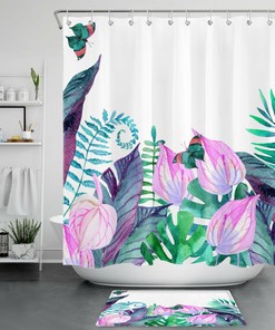 Tropical Leaf Shower Curtain Set - Colorful Bathroom Accessories