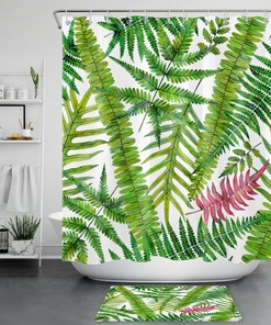 Tropical Leaf Shower Curtain - Watercolor Green Palm Leaves Bathroom Accessory
