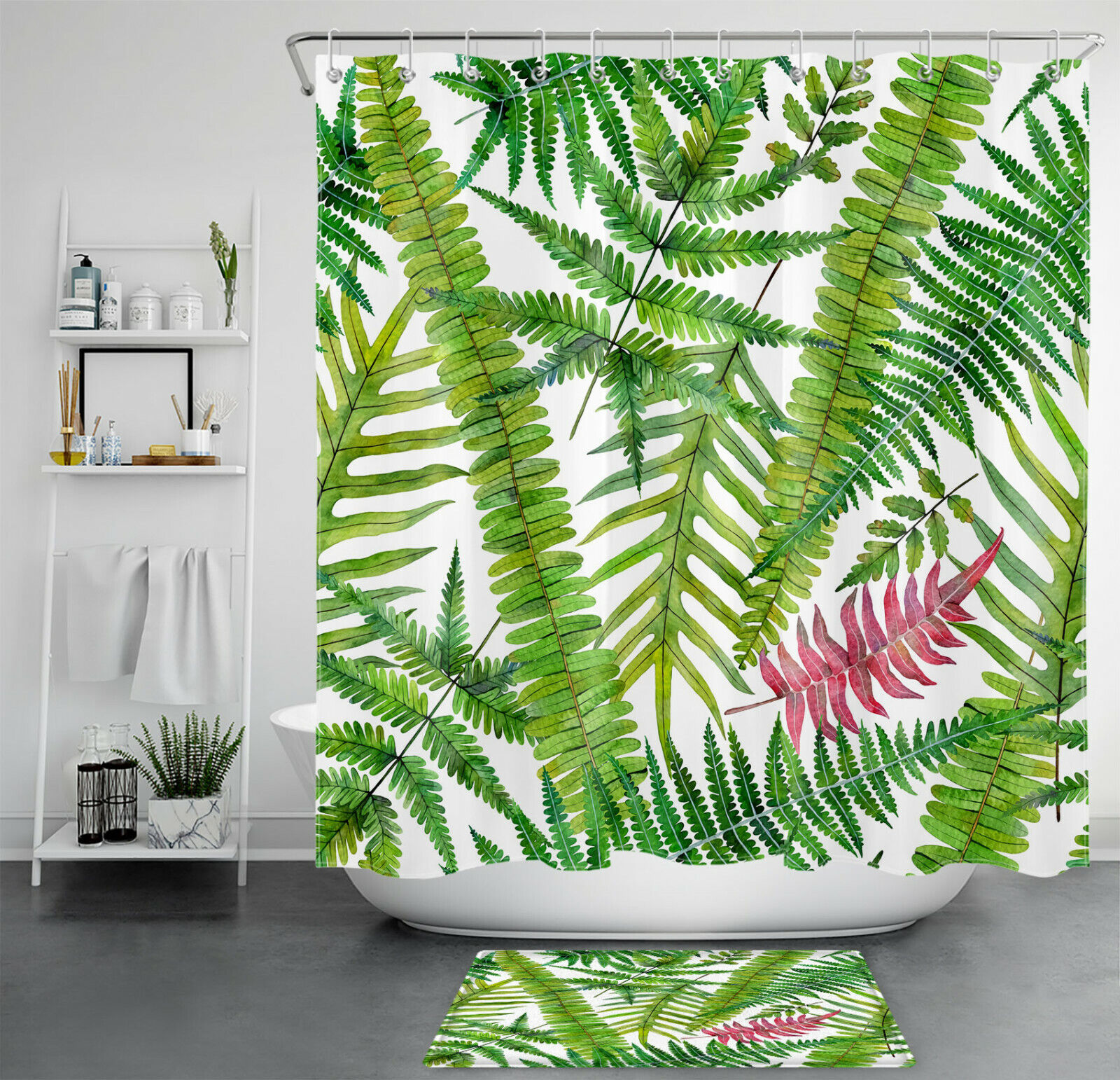 Tropical Leaf Shower Curtain - Watercolor Green Palm Leaves Bathroom Accessory