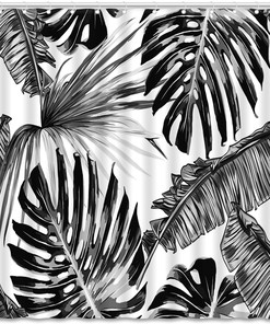 Tropical Leaf Shower Curtain With Black And White Silhouette Design, Ideal Bathroom Decor In Modern Minimalist Style