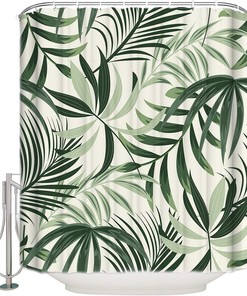 Tropical Leaf and Green Palm Print Shower Curtain for Bathroom Decor