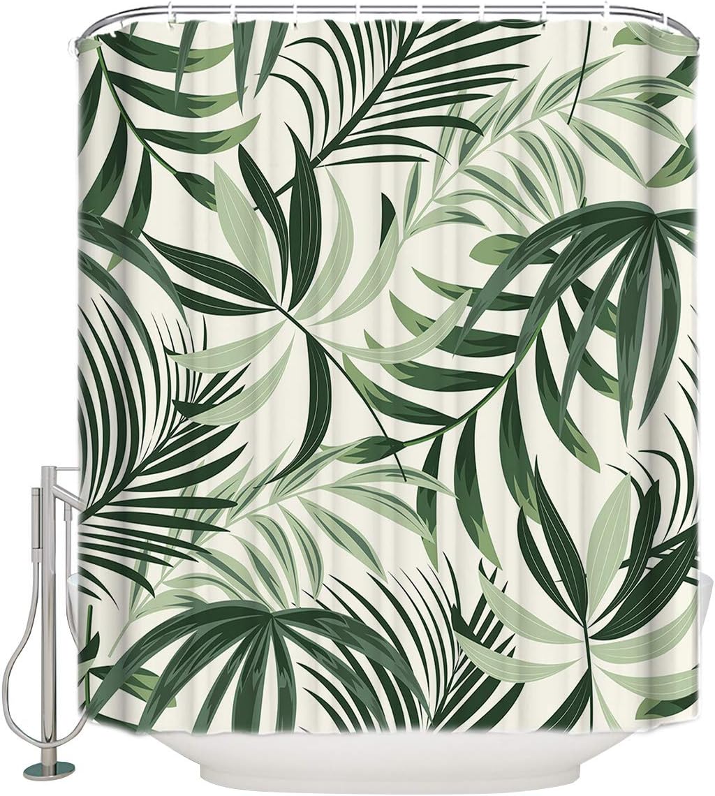Tropical Leaf and Green Palm Print Shower Curtain for Bathroom Decor