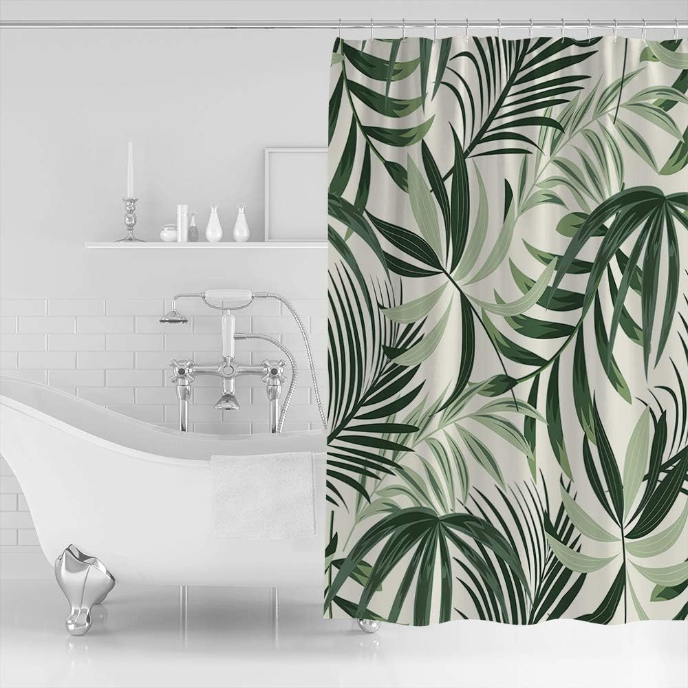 Tropical Leaf and Green Palm Print Shower Curtain for Bathroom Decor