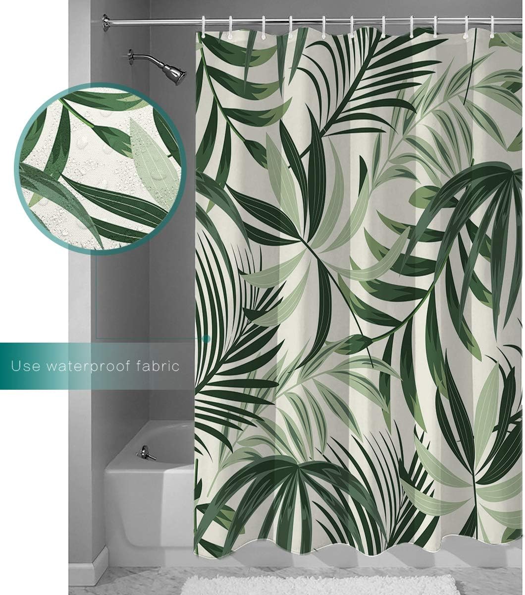 Tropical Leaf and Green Palm Print Shower Curtain for Bathroom Decor