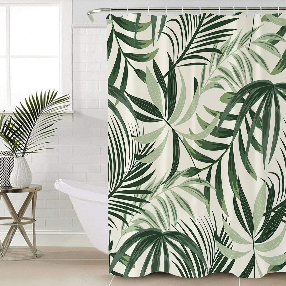 Tropical Leaf and Green Palm Print Shower Curtain for Bathroom Decor