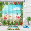 Tropical Leaves And Flamingo Shower Curtain With Beach And Sea Atmosphere