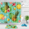 Tropical Leaves, Flowers, And Pineapples Shower Curtain With Colorful Design For Bathroom Decor