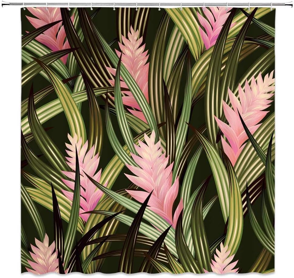 Tropical Leaves Print Shower Curtain with Jungle Leaf and Palm Tree Design for Bathroom Decor