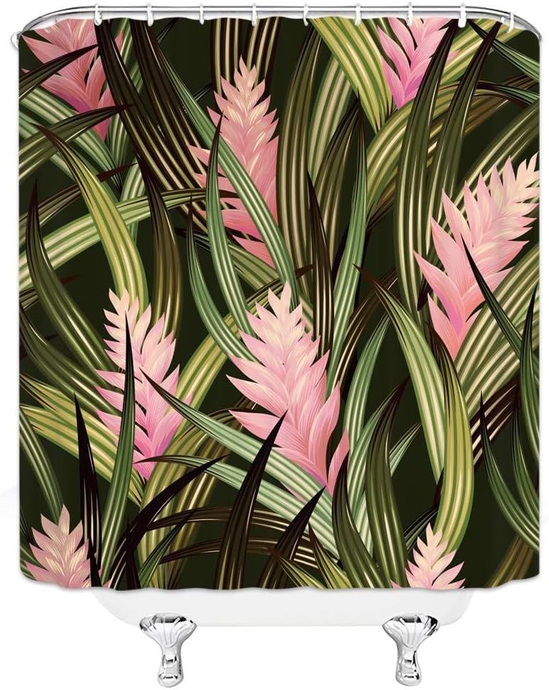 Tropical Leaves Print Shower Curtain with Jungle Leaf and Palm Tree Design for Bathroom Decor
