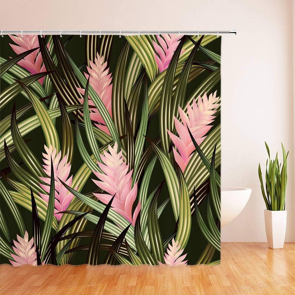 Tropical Leaves Print Shower Curtain with Jungle Leaf and Palm Tree Design for Bathroom Decor