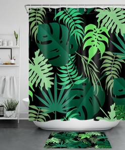 Tropical Leaves Shower Curtain - Black Bathroom Decor With Green Exotic Plant Design
