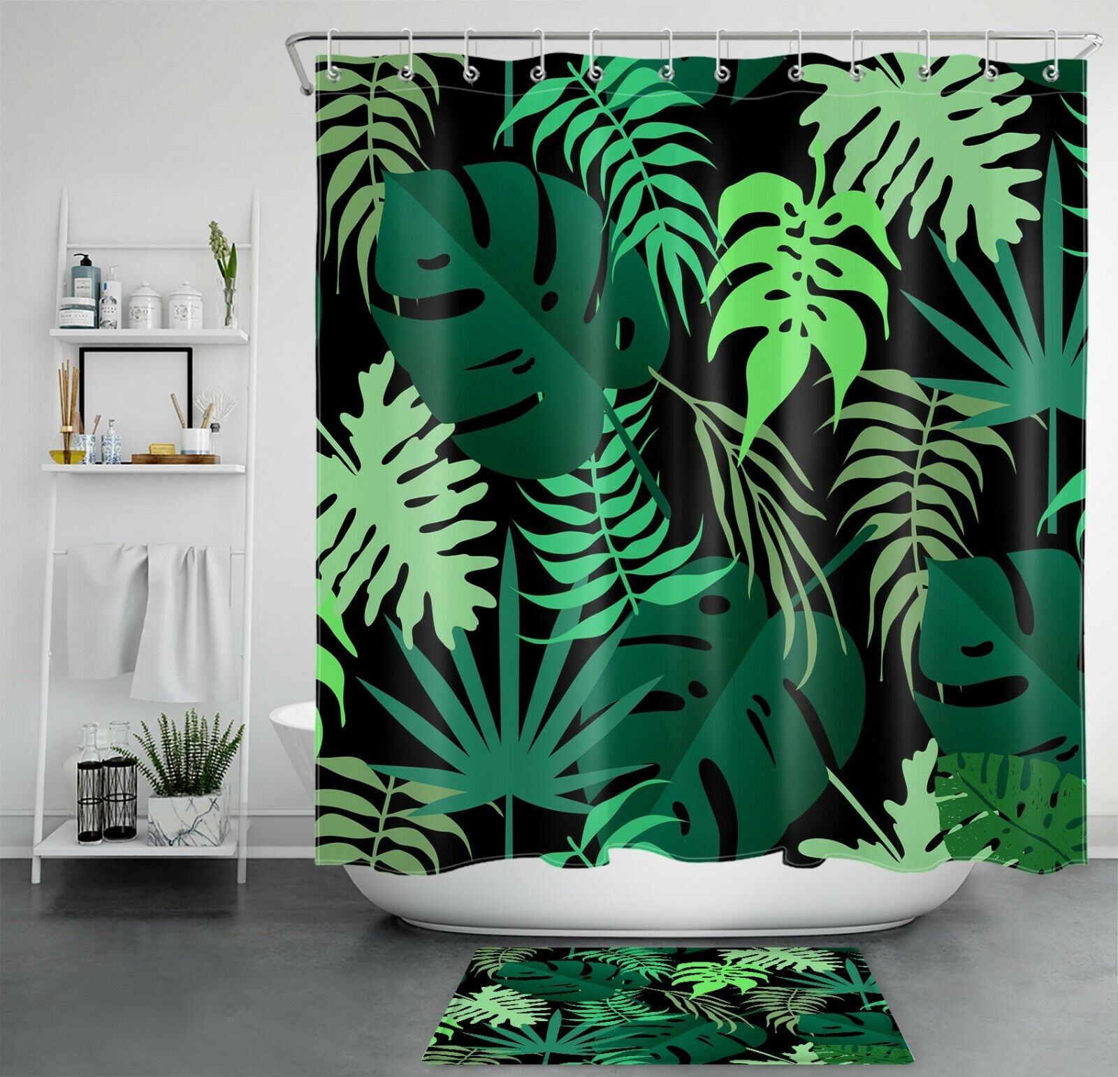 Tropical Leaves Shower Curtain - Black Bathroom Decor With Green Exotic Plant Design
