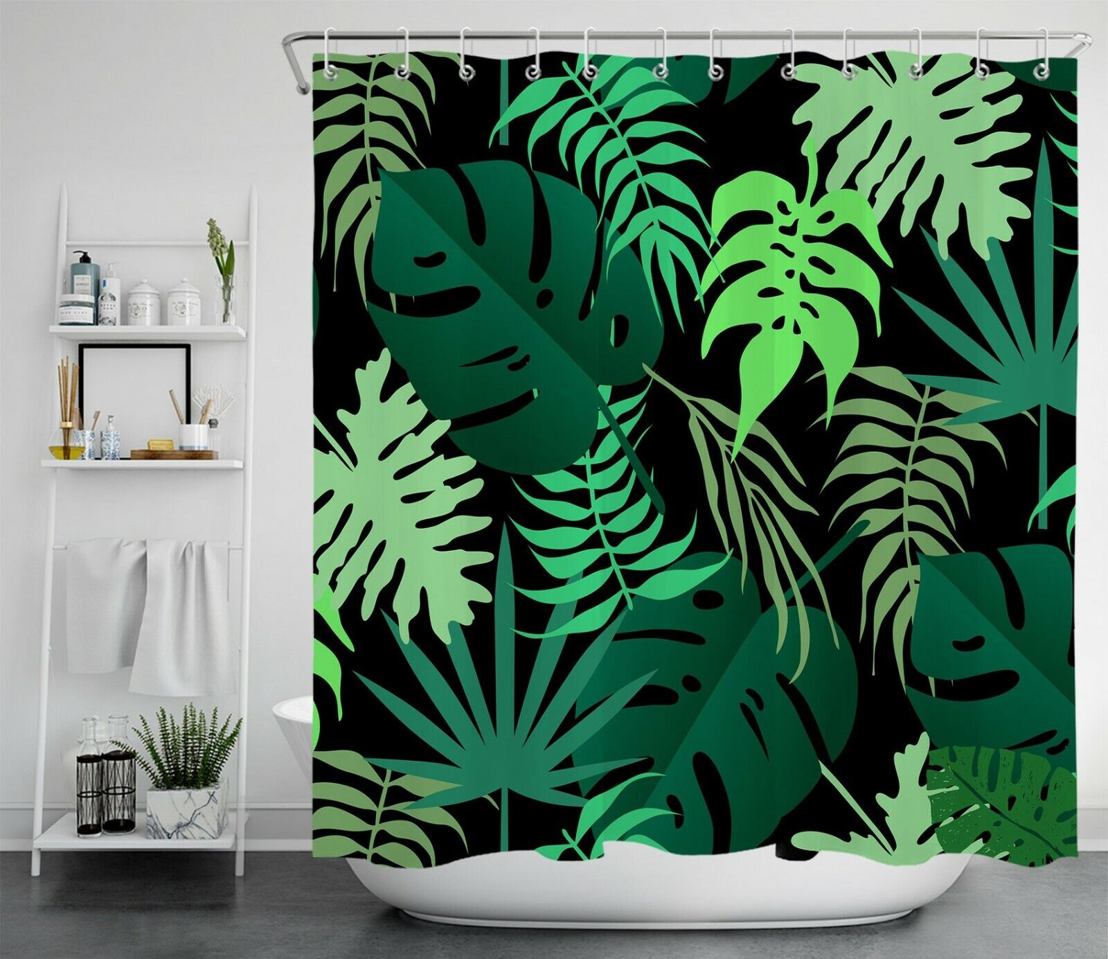 Tropical Leaves Shower Curtain - Black Bathroom Decor With Green Exotic Plant Design - Image 2