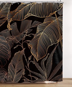 Tropical Leaves Shower Curtain - Black Brown Palm Leaf Botanical Design for Nature Lovers