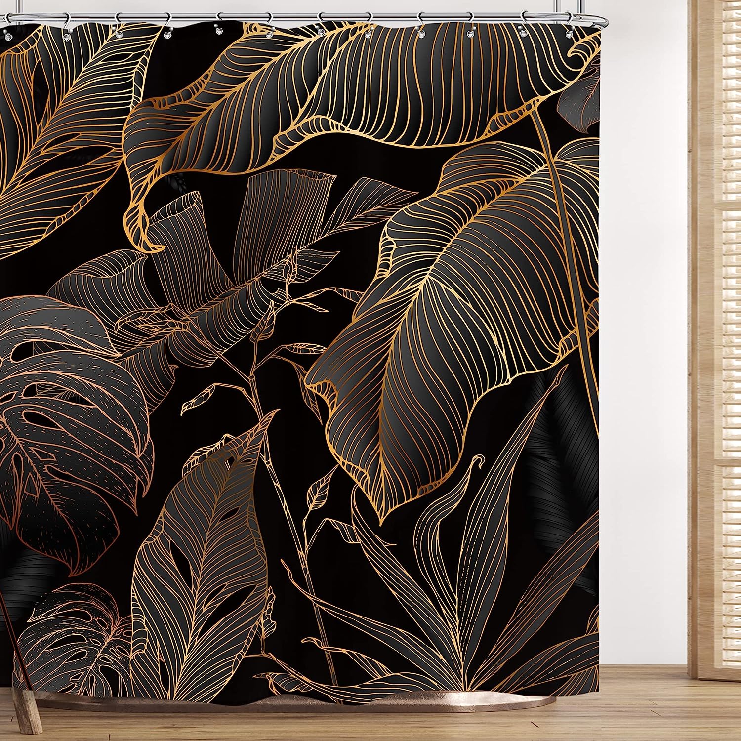 Tropical Leaves Shower Curtain - Black Brown Palm Leaf Botanical Design for Nature Lovers