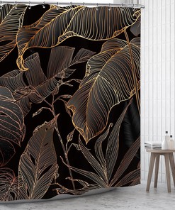 Tropical Leaves Shower Curtain - Black Brown Palm Leaf Botanical Design for Nature Lovers