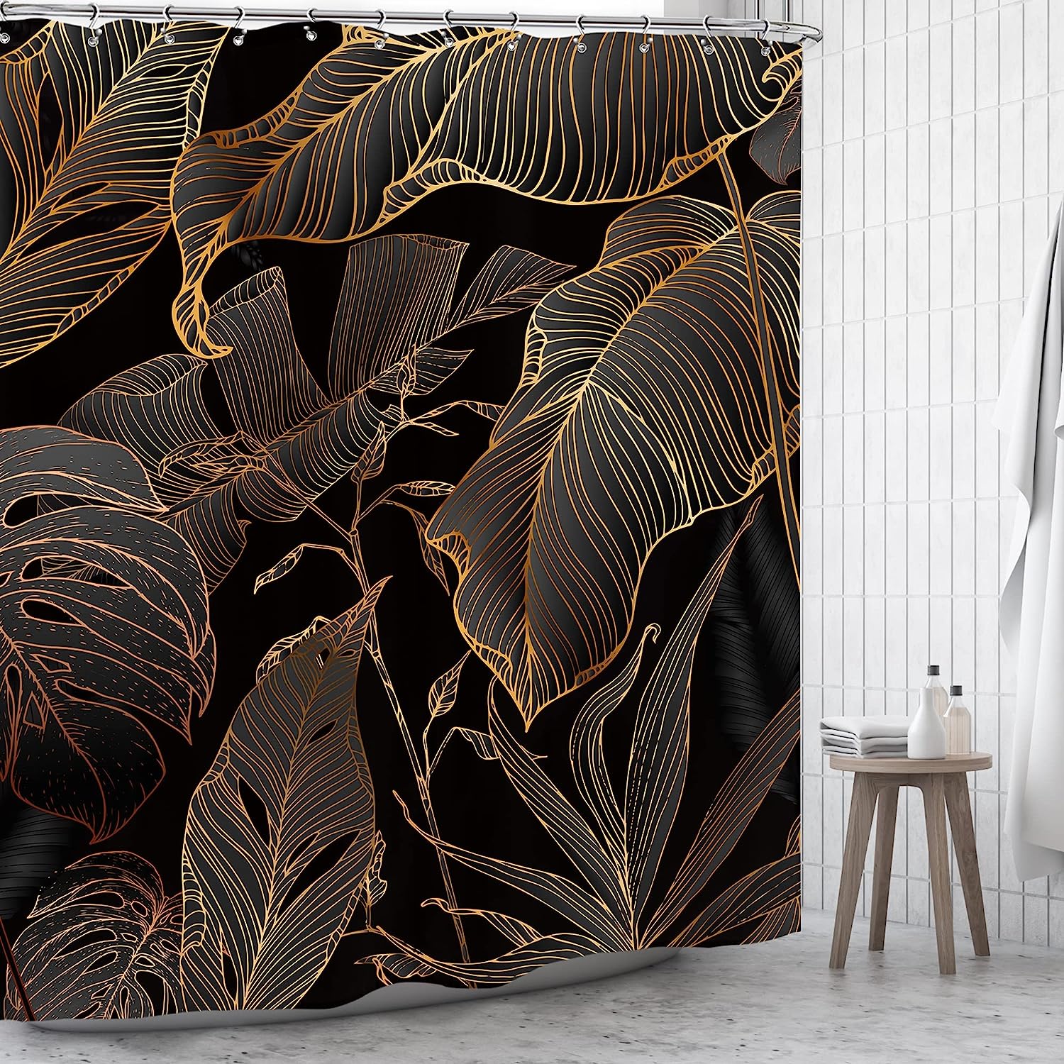 Tropical Leaves Shower Curtain - Black Brown Palm Leaf Botanical Design for Nature Lovers