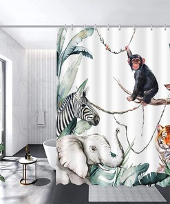 Tropical Leaves Shower Curtain For Bathroom Decor, Wild Animal Jungle Elephant Shower Curtain For Nature Lovers