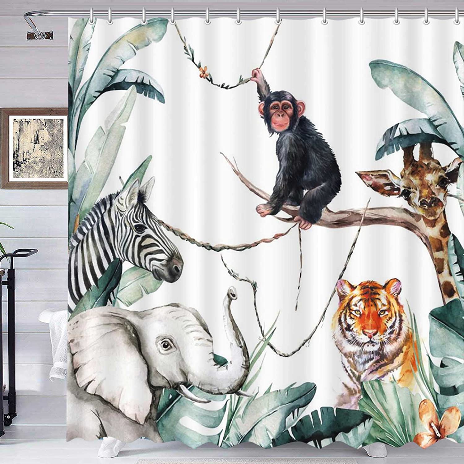 Tropical Leaves Shower Curtain For Bathroom Decor, Wild Animal Jungle Elephant Shower Curtain For Nature Lovers - Image 2