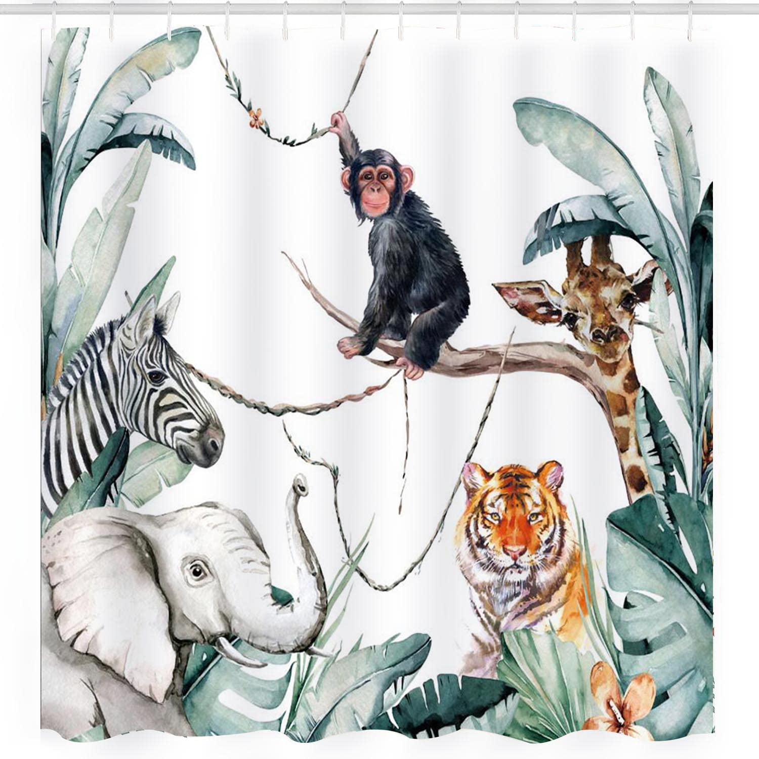Tropical Leaves Shower Curtain For Bathroom Decor, Wild Animal Jungle Elephant Shower Curtain For Nature Lovers - Image 3