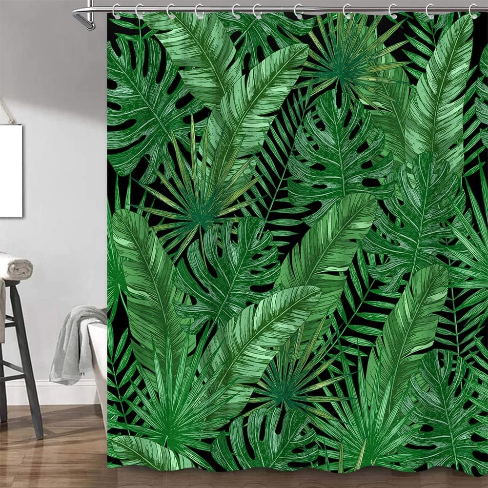 Tropical Leaves Shower Curtain - Green Exotic Palm Banana Monstera Botanical Garden Bathroom Decor