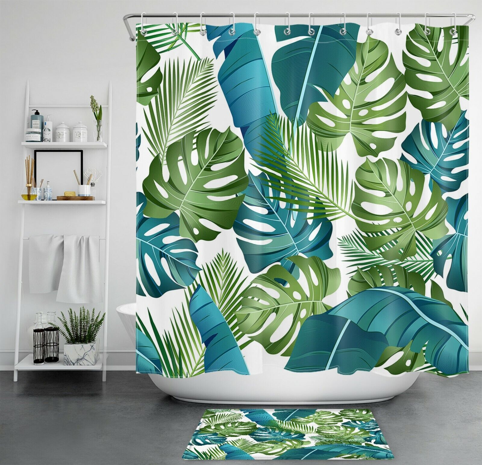 Tropical Leaves Shower Curtain - Green Plants Palm Bathroom Decor
