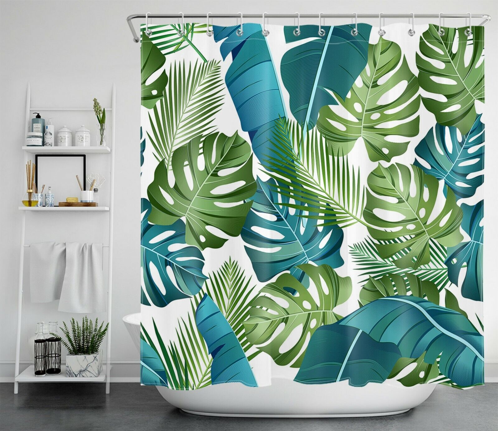 Tropical Leaves Shower Curtain - Green Plants Palm Bathroom Decor - Image 2