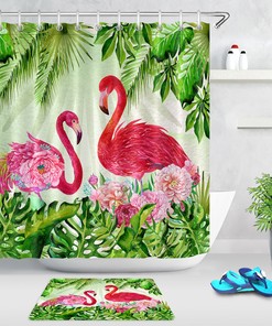 Tropical Leaves Shower Curtain With Flamingo, Red Flowers, And Couple Design - A Perfect Addition To Your Beach