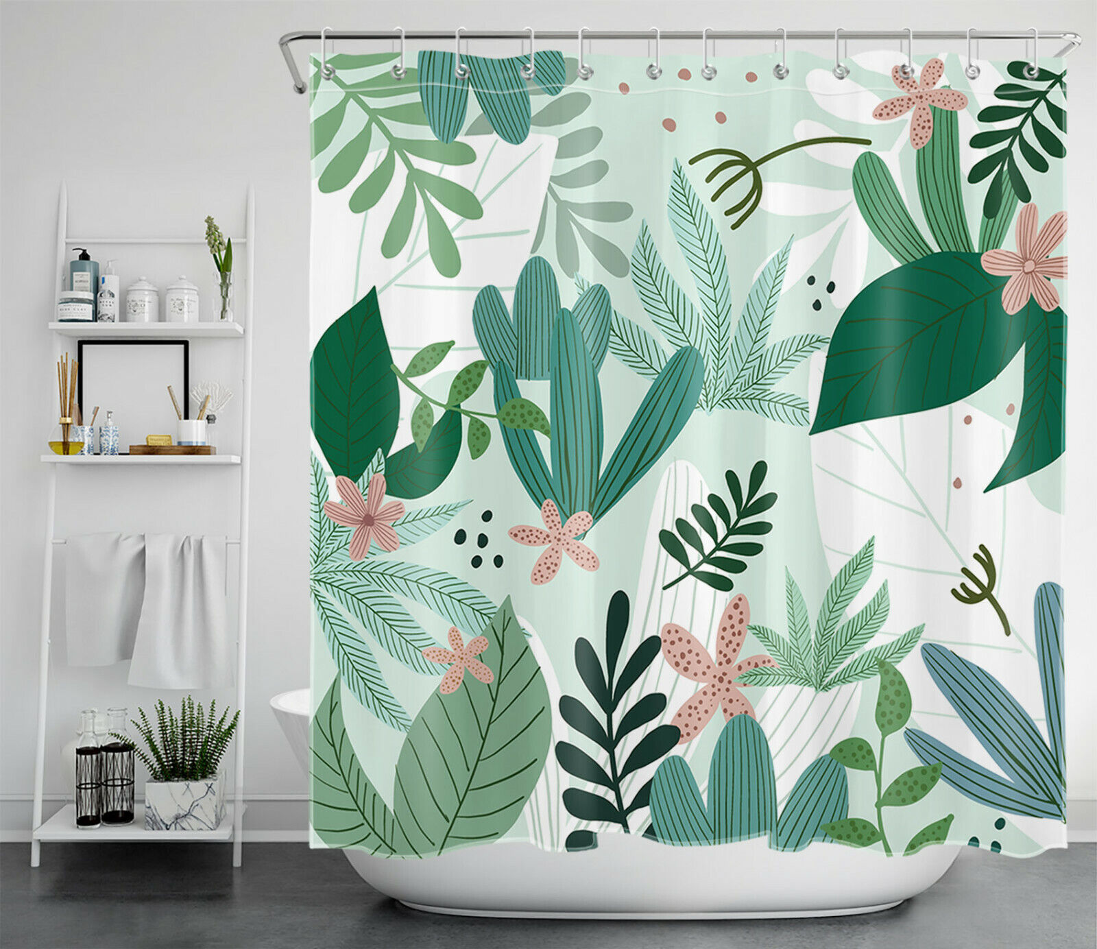 Tropical Leaves and Flowers Shower Curtain for Green Bathroom Decor