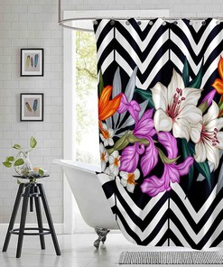 Tropical Leaves and Flowers Striped Shower Curtain for a Bold Bathroom Decor
