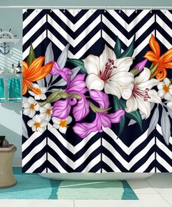 Tropical Leaves and Flowers Striped Shower Curtain for a Bold Bathroom Decor