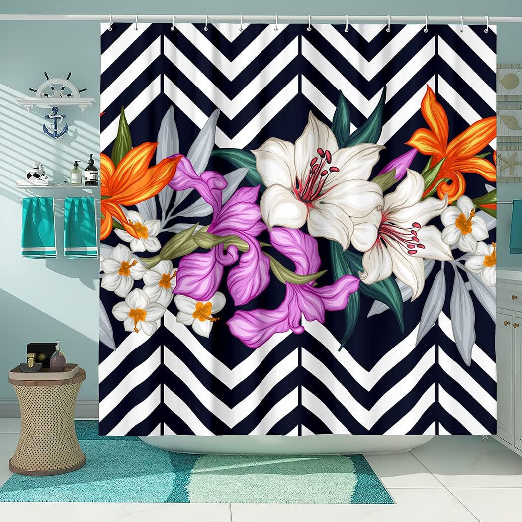 Tropical Leaves and Flowers Striped Shower Curtain for a Bold Bathroom Decor
