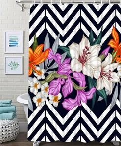 Tropical Leaves and Flowers Striped Shower Curtain for a Bold Bathroom Decor
