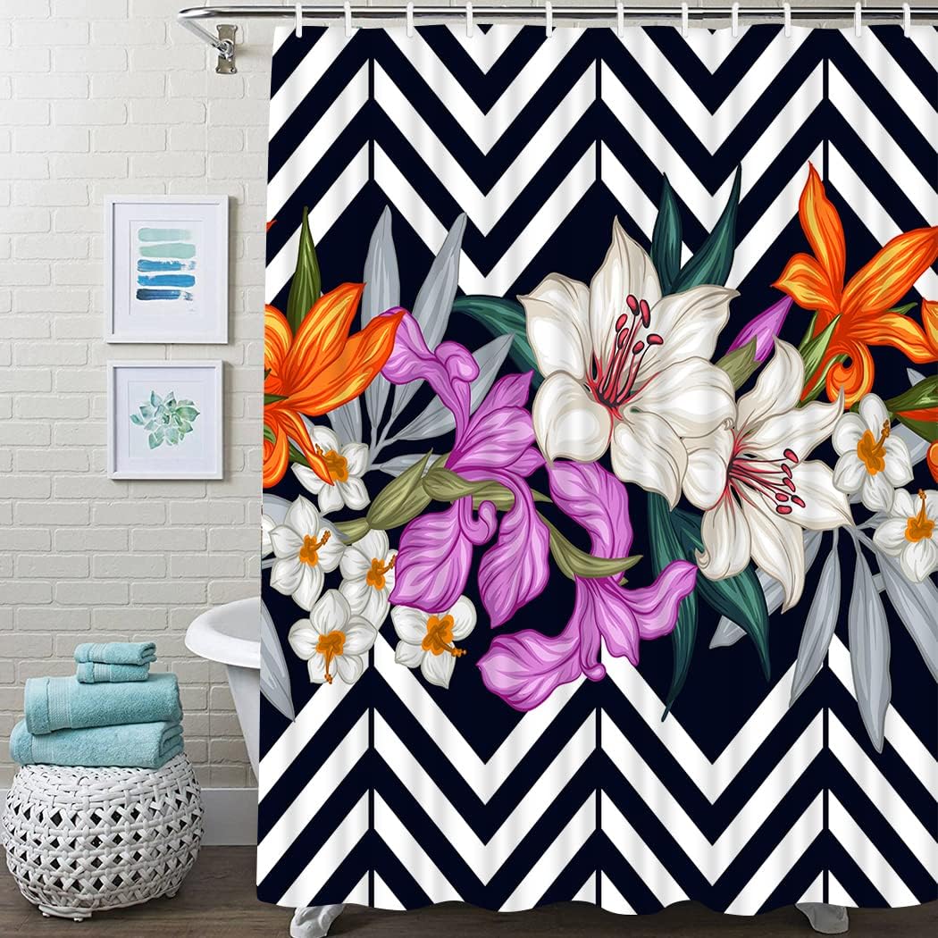Tropical Leaves and Flowers Striped Shower Curtain for a Bold Bathroom Decor