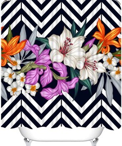 Tropical Leaves and Flowers Striped Shower Curtain for a Bold Bathroom Decor