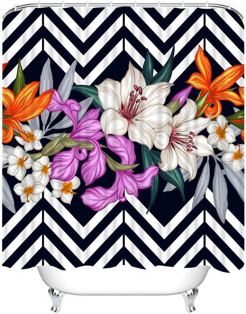 Tropical Leaves and Flowers Striped Shower Curtain for a Bold Bathroom Decor