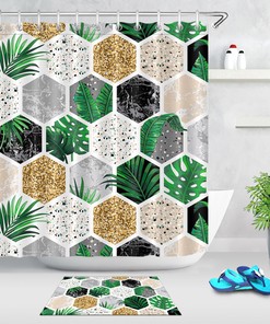 Tropical Leaves and Gold Glitter Shower Curtain with Marble Geometric Shapes, Chic and Elegant Design