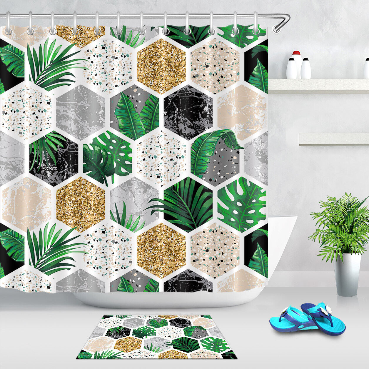 Tropical Leaves and Gold Glitter Shower Curtain with Marble Geometric Shapes, Chic and Elegant Design