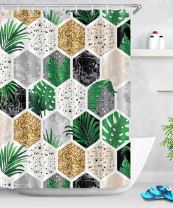 Tropical Leaves and Gold Glitter Shower Curtain with Marble Geometric Shapes, Chic and Elegant Design