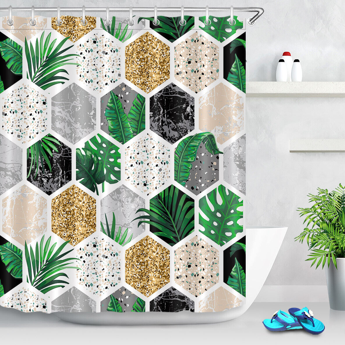 Tropical Leaves and Gold Glitter Shower Curtain with Marble Geometric Shapes, Chic and Elegant Design