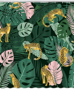 Tropical Leopard Leaves Shower Curtain, Jungle Bathroom Decor with Wildlife and Monstera Plants