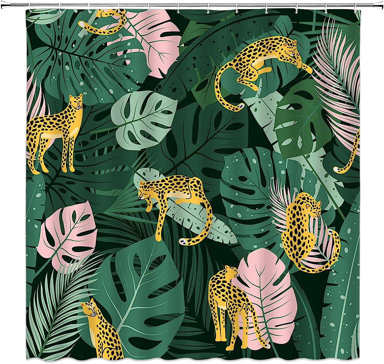 Tropical Leopard Leaves Shower Curtain, Jungle Bathroom Decor with Wildlife and Monstera Plants